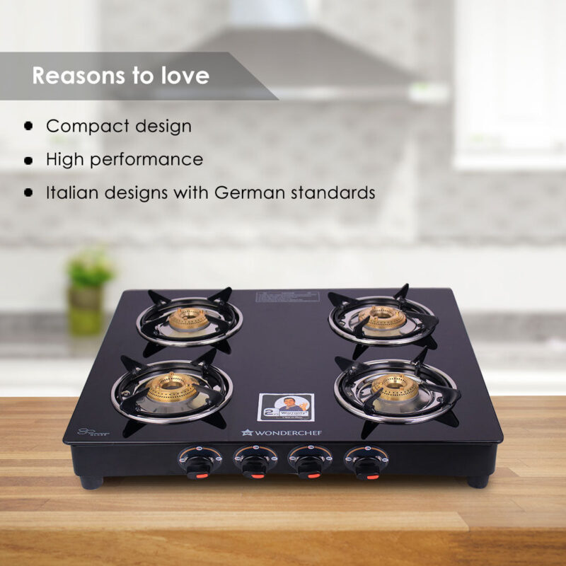 Ruby  4 Burner Glass Cooktop, Black Toughened Glass with 1 Year Warranty, Ergonomic Knobs,  Heat-Efficient Brass Burners, Stainless-steel Spill Tray, Manual Ignition - Image 25