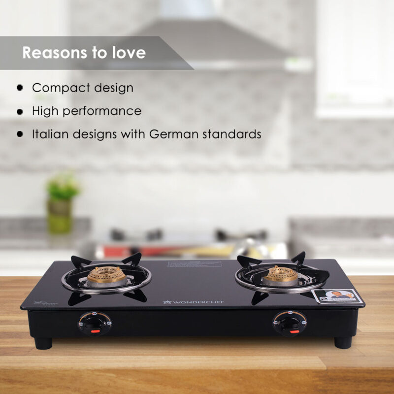 Ruby 2 Burner Glass Cooktop, Black Toughened Glass with 1 Year Warranty, Ergonomic Knobs, Heat-Efficient Brass Burners, Stainless-steel Spill Tray, Manual Ignition - Image 5