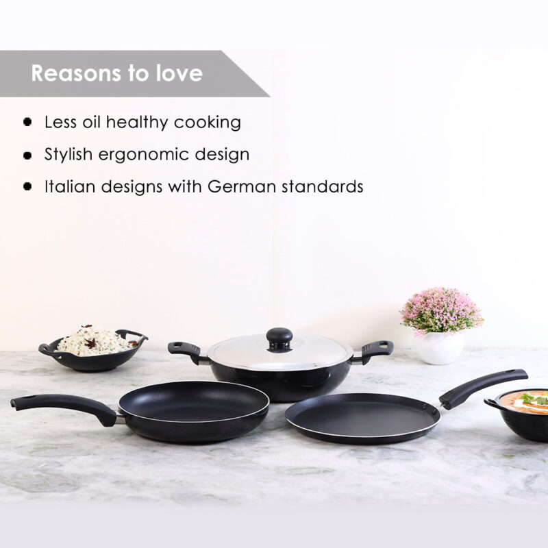 Platinum Plus Non-Stick Cookware Set of 4 | Kadhai with Glass Lid 24cm, Fry Pan 24cm & Dosa Tawa 25cm | Cool-Touch Bakelite Handle | Pure Grade Aluminium | PFOA Free | 1 Year Warranty | Black - Image 2