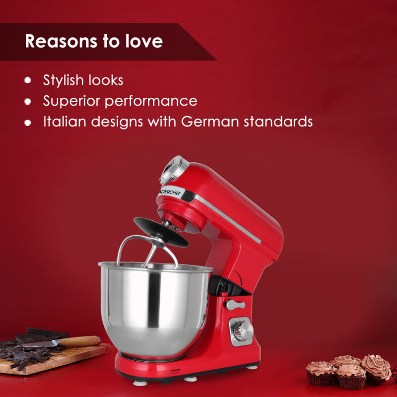 Crimson Edge Die-Cast Metal Stand Kitchen Mixer & Beater with free attachments | 5.7L SS Bowl | 1000W motor | 6 Speed Setting | Whisking Cone, Mixing Beater & Dough Hook attachments | 3 Yrs warranty | Red - Image 6