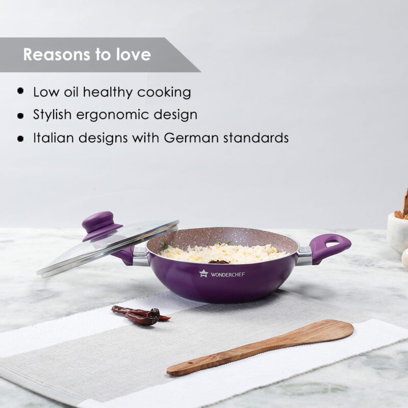 Royal Velvet 20 cm Non-Stick Kadhai with Lid and Induction Bottom | Soft-Touch Handle | Virgin Grade Aluminium | PFOA and Heavy Metals Free | 3 mm thick | 1.4 litres | 2 Years Warranty | Purple - Image 10