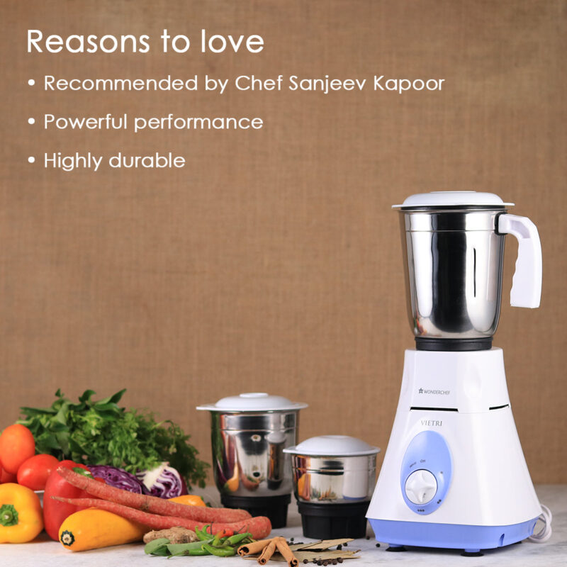 Wonderchef Vietri Mixer Grinder 500W With 3 Stainless Steel Jars (White & Blue) - Image 12