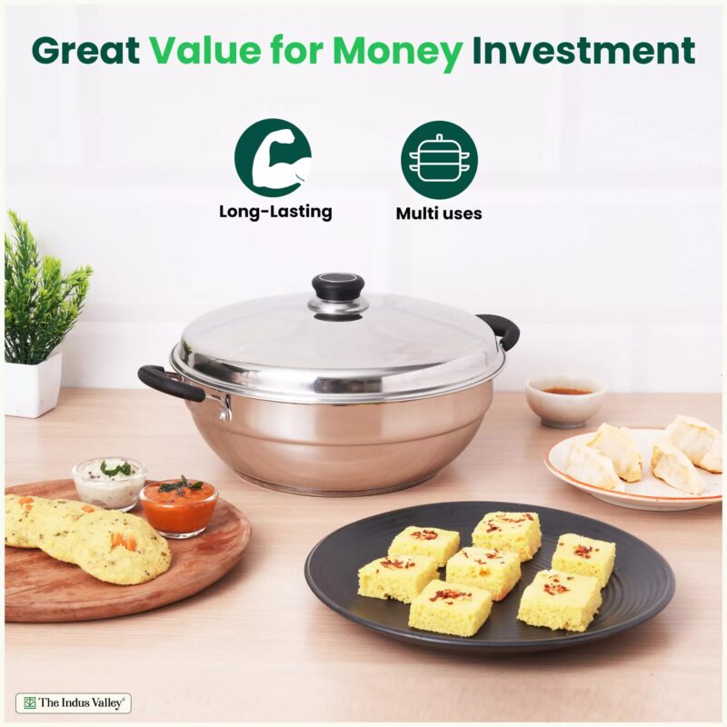 7 Pit Tri-Steel Premium Stainless Steel Idli/ Dhokla/ Momo Maker/ Multi Pot/ Veg Steaming Set, Tri-ply Induction Bottom, 5 Plates, 4.2L, 2.5kg - Image 4