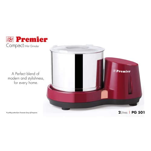 Premier Compact Wet Grinder Pg 501 2ltr 200 Watts Gear Driven 230v - Maroon | Gear-Driven Motor, Space-Saving Compact Design, Stylish Maroon Finish, Durable Stainless Steel Drum - Image 2