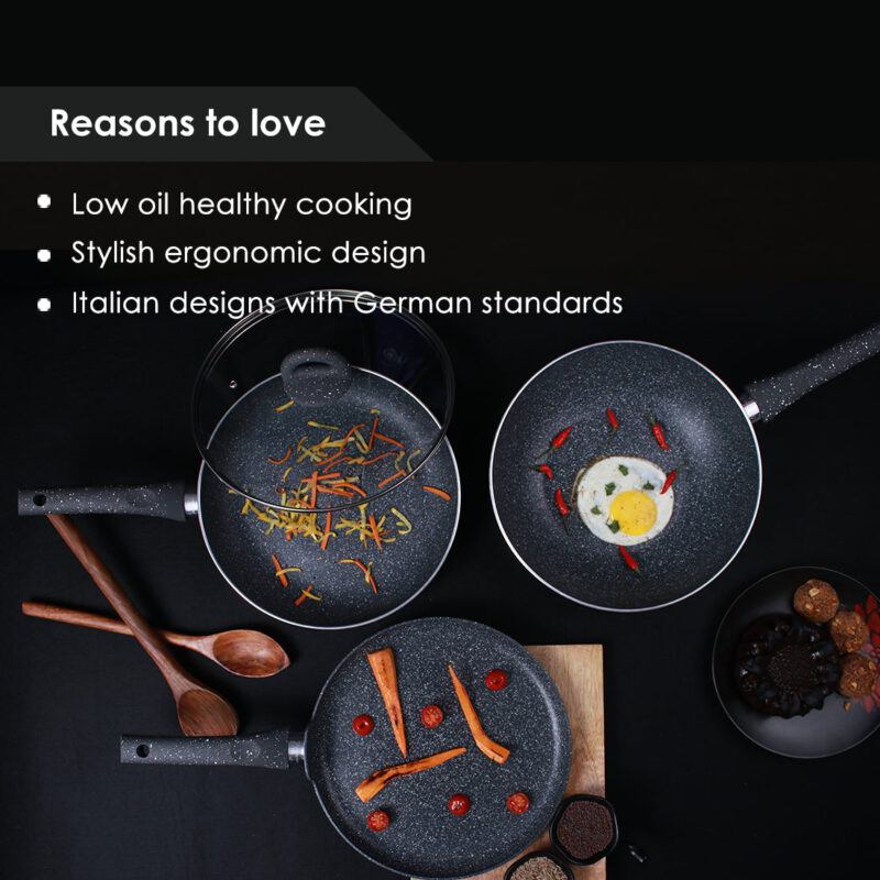 Granite Non-stick Cookware Set, 4Pc (Fry Pan with Lid, Wok, Dosa Tawa), Induction Bottom, Soft-touch Handles, Virgin Grade Aluminium, PFOA/Heavy metals free, 3.5mm, 2 years warranty, Grey - Image 12