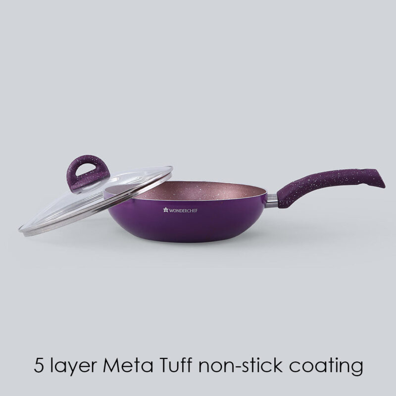 Granite Non-Stick Wok | Glass Lid | Induction Bottom | Soft-Touch Handles | Virgin Aluminium | PFOA and Heavy Metals Free | 3.5mm Thick| 24cm, 2.7 litres | 2 Year Warranty | Purple - Image 3