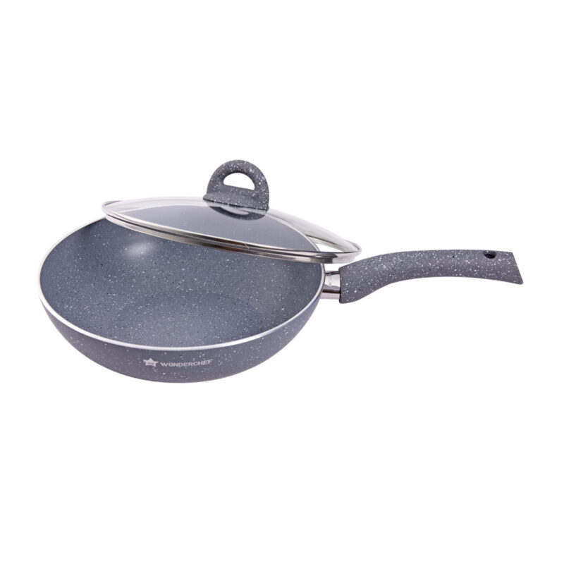 Granite Non-stick Cookware Set, 4Pc (Fry Pan with Lid, Wok, Dosa Tawa), Induction Bottom, Soft-touch Handles, Virgin Grade Aluminium, PFOA/Heavy metals free, 3.5mm, 2 years warranty, Grey - Image 2