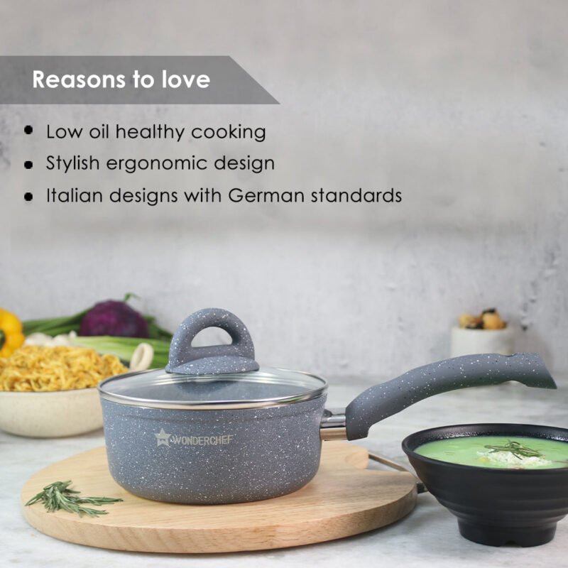 Granite 18 cm Non-Stick Sauce Pan | Induction Bottom | Soft-Touch Handles | Virgin Grade Aluminium | PFOA and Heavy Metals Free | 3.5mm | Non Stick Sauce Pan | 1.8 litres | 2 Years Warranty | Grey - Image 14