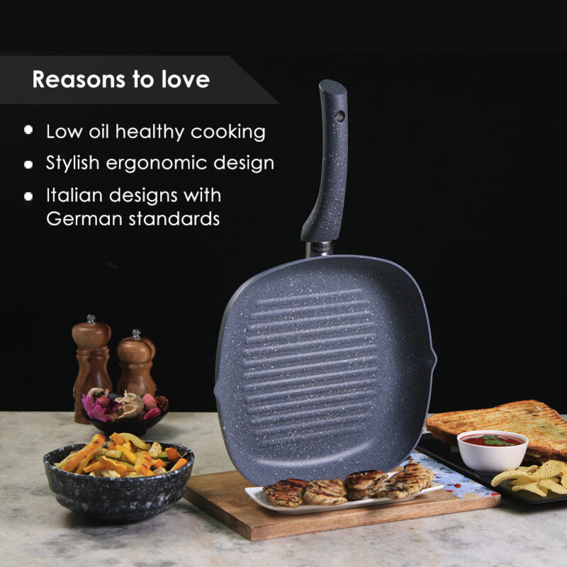 Granite Non-Stick 24cm Grill Pan | Soft-Touch Handles | Virgin Aluminium | PFOA and Heavy Metals Free | 3.5mm Thickness | 1.8 litres | 2 Year Warranty | Grey - Image 12