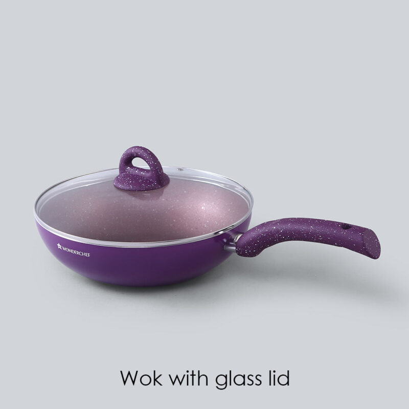 Granite Non-stick Cookware Set, 4Pc (Frying Pan With Lid, Wok, Dosa Tawa), Induction Bottom, Soft-Touch Handles, Pure Grade Aluminium, PFOA, 3.5mm, 2 Years Warranty, Purple - Image 3