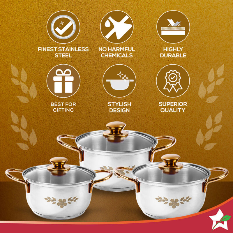 Gold Stanton Stainless Steel 3 piece Casserole Set with Glass Lid | Golden knobs and handles | Induction & Gas Stove friendly | Set of 3 (1.6L, 2.3L, 3.1L) | 1 Year Warranty - Image 2