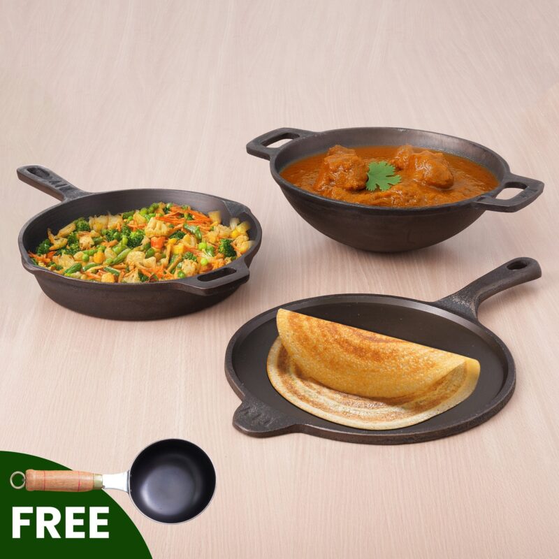 Super Smooth Cast Iron Set: Kadai+ Tawa+ Frypan, Kitchen set for Home, Nonstick, 100% Pure, Toxin-free, Free ₹400 Tadka Pan - Image 13