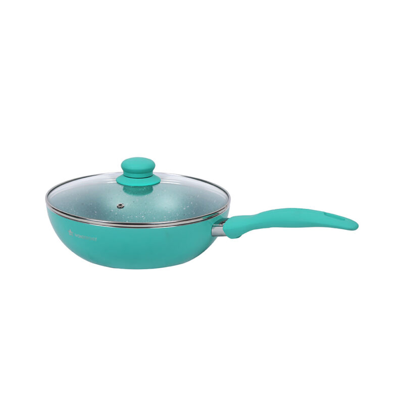Celebration Non-stick Cookware Set, 5Pc (Wok with Lid, Mini Fry Pan, Dosa Tawa, Grill Pan), Induction Friendly, Soft Touch Handle, Pure Grade Aluminium, PFOA/Heavy Metals Free, 2.2mm, 2 Years Warranty, Turquoise blue - Image 2