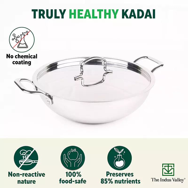 TurboCuk Tri-ply Stainless Steel Kadai+ Steel Lid, Premium Quality, 3 Layer Thick Body, 100% Toxin-free, Non-stick, Induction & Gas, 3L/3.5L/3.9L/4.5L - Image 2
