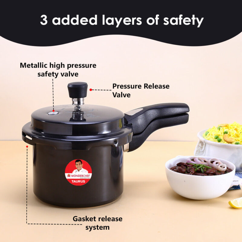Taurus Hard Anodized 3L Outer Lid Pressure Cooker, SS Lid, Soft Touch Handles for Durability, Induction Friendly, Black, 5 year warranty, ISI Certified - Image 3