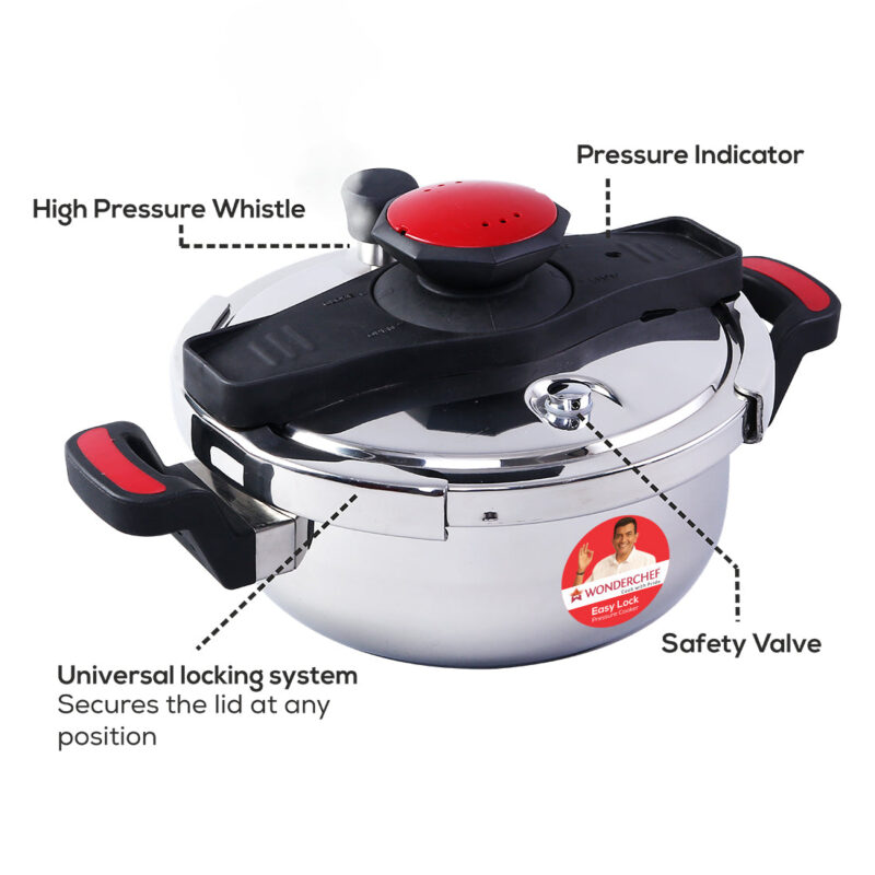 Easy Lock Stainless Steel 3L Outer Lid Pressure Cooker | Induction Compatible | Tri-Ply Bottom | 5-Year Warranty | Free Glass Lid | Silver - Image 3