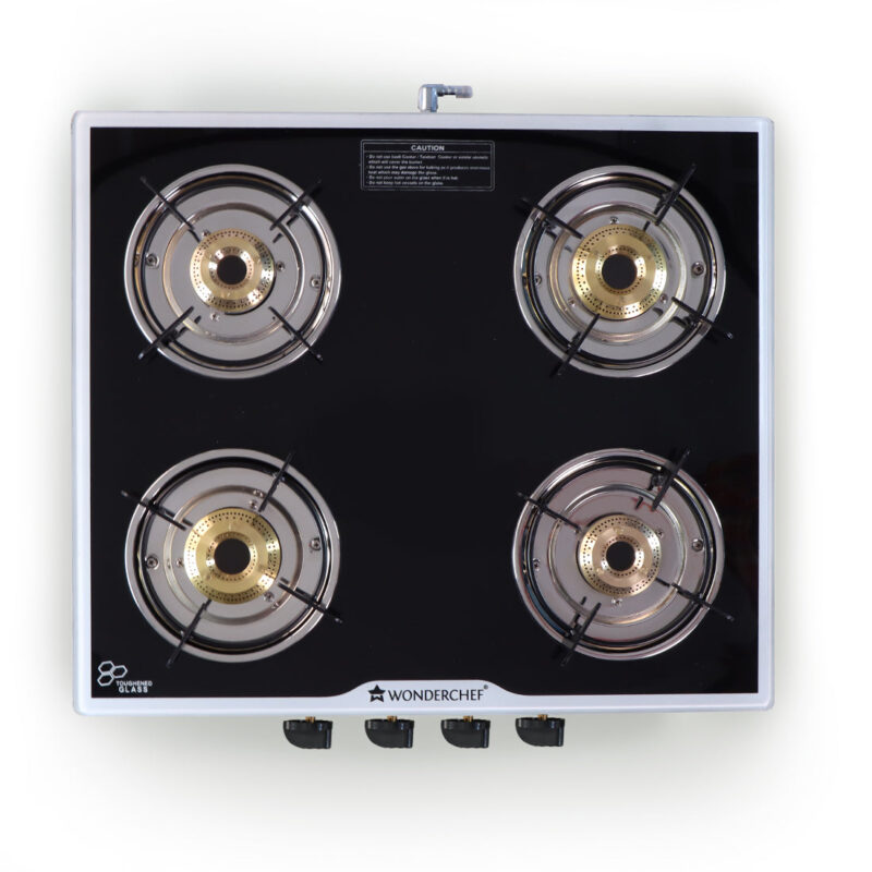 Platinum 4 Burner Manual Glass Cooktop | 6mm Toughened Glass Cooktop | Stainless Steel Drip tray | Anti-Skid Legs | Large Pan support | Manual Ignition | Black steel frame | 2 Year Warranty | Black - Image 2