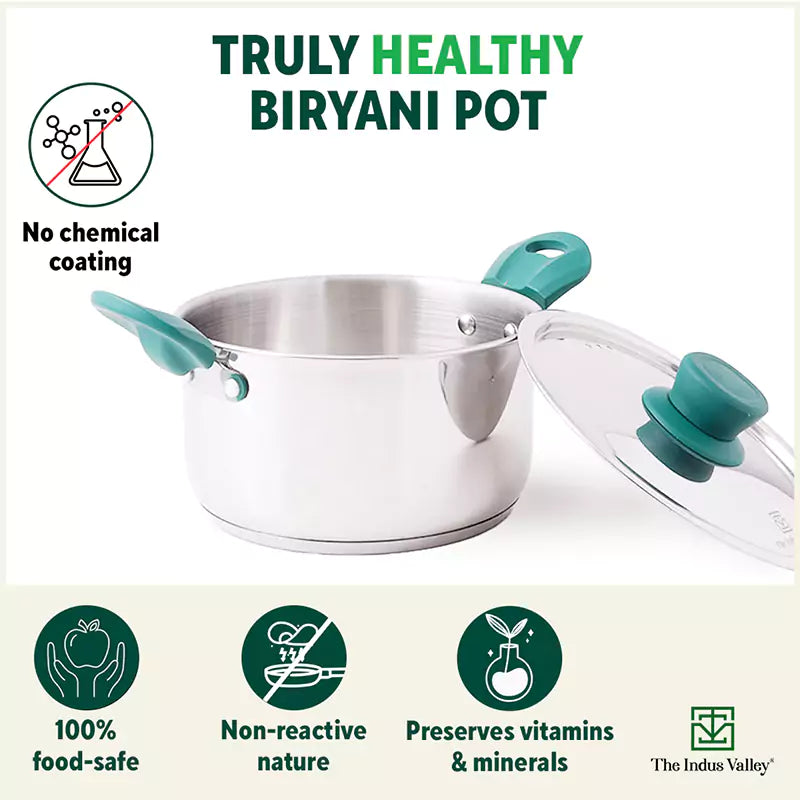 Tri-Steel Stainless Steel Biryani Pot+ Lid, Premium Quality, Tri-ply (3 Layer) Bottom, Soft-touch Handles, 100% Toxin-free, Non-stick, Induction & Gas, 1.5/2 L, 16.9/19 cm - Image 4