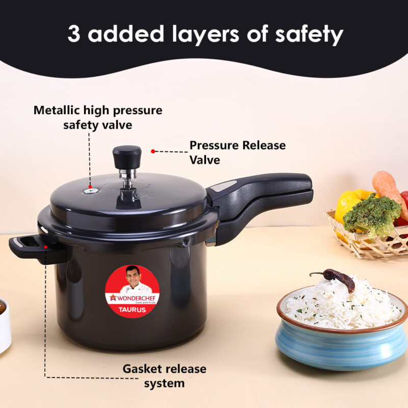 Taurus Hard Anodized 5L Outer Lid Pressure Cooker, SS Lid, Soft Touch Handles for Durability,  Induction Friendly, Black, 5 year warranty, ISI Certified - Image 4