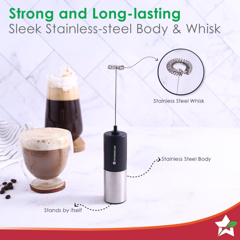 Wonderchef Regalia Milk Frother | Rich and Creamy Froth in Seconds | Stainless Steel Body & Whisk | AA Battery Operated | Blend Lassi, Cold Coffee, Gym Shakes, Whipped Cream | Easy to Clean | Black - Image 2