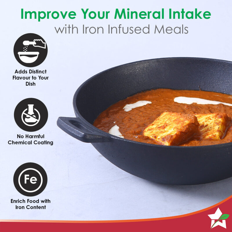 Forza 30cm Cast-iron Kadhai, Pre-Seasoned Cookware, Induction Friendly, 3.35L, 3.8mm - Image 3