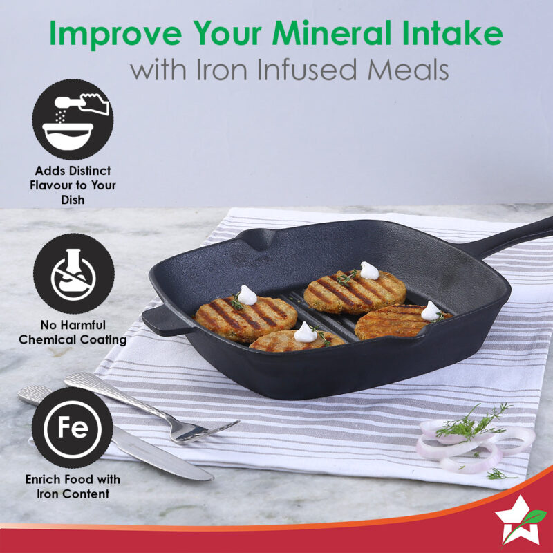 Forza Cast-iron 26 cm Grill Pan, Pre-Seasoned Cookware, Induction Friendly, 3.8 mm - Image 3