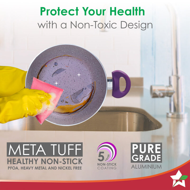 Royal Velvet Non-stick 26cm Kadhai with Lid and Handles | Glass Lid | Induction Ready | Soft-touch handles |Non – Toxic I Virgin Aluminium| 3 mm thick | 2 year warranty | Purple - Image 2