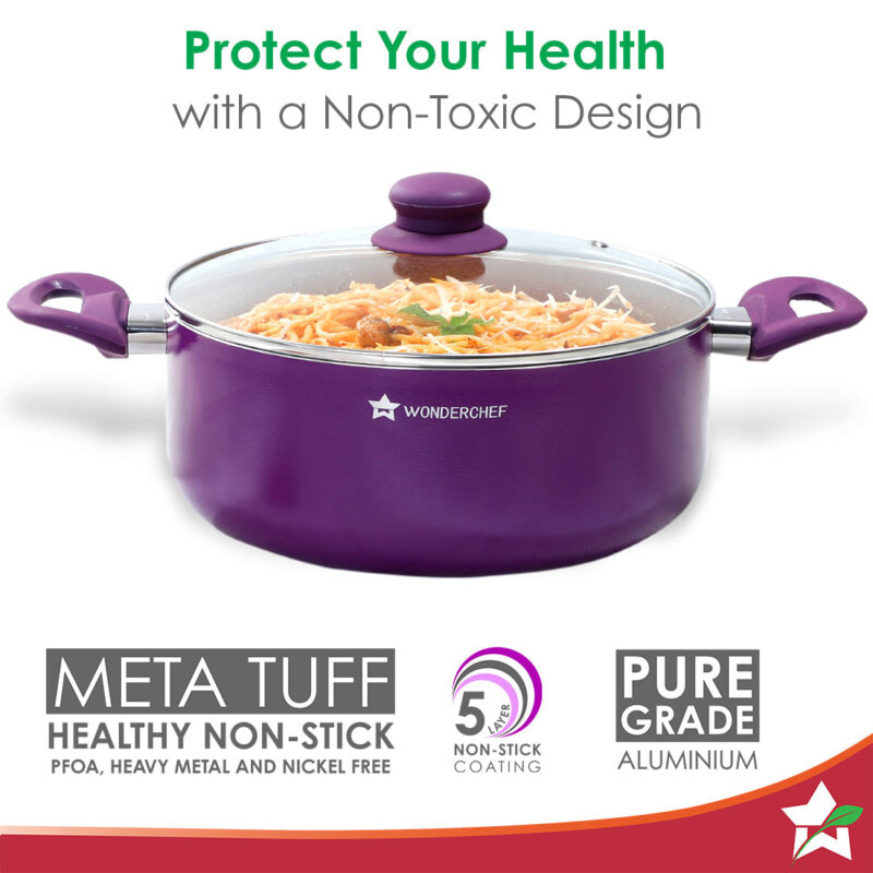 Royal Velvet 24cm Casserole with Glass Lid I Induction Ready | Soft-touch handles |Non – Toxic I Virgin Aluminium| 3 mm thick | 4.5 litres | 2 year warranty | Purple - Image 2