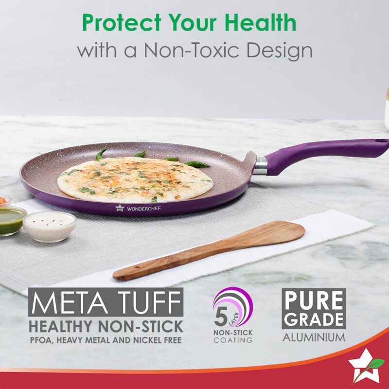 Royal Velvet Non-stick 28cm Dosa Tawa I Induction Ready | Soft-touch handles |Non – Toxic I Virgin Aluminium| 3 mm thick | 1.8 litres | 2 year warranty | Purple - Image 2