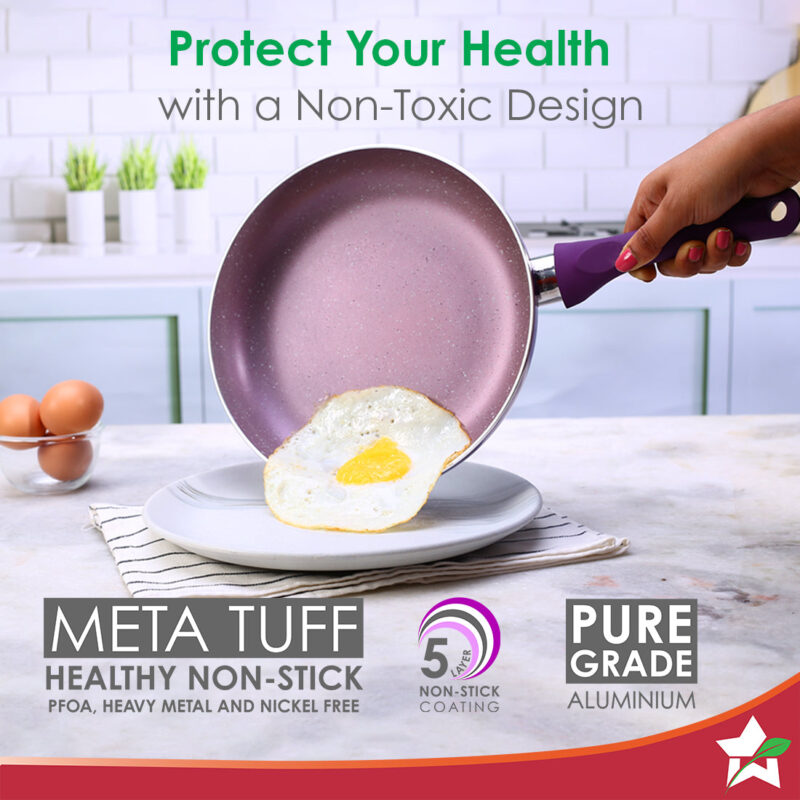 Royal Velvet Non-stick 5-piece Cookware Set (Fry Pan with Lid, Wok, Dosa Tawa, Mini Fry Pan) | Induction Ready (Dosa Tawa only)| Soft-touch handles |Non – Toxic I Virgin Aluminium | 3 mm thick | 2 years warranty | Purple - Image 2