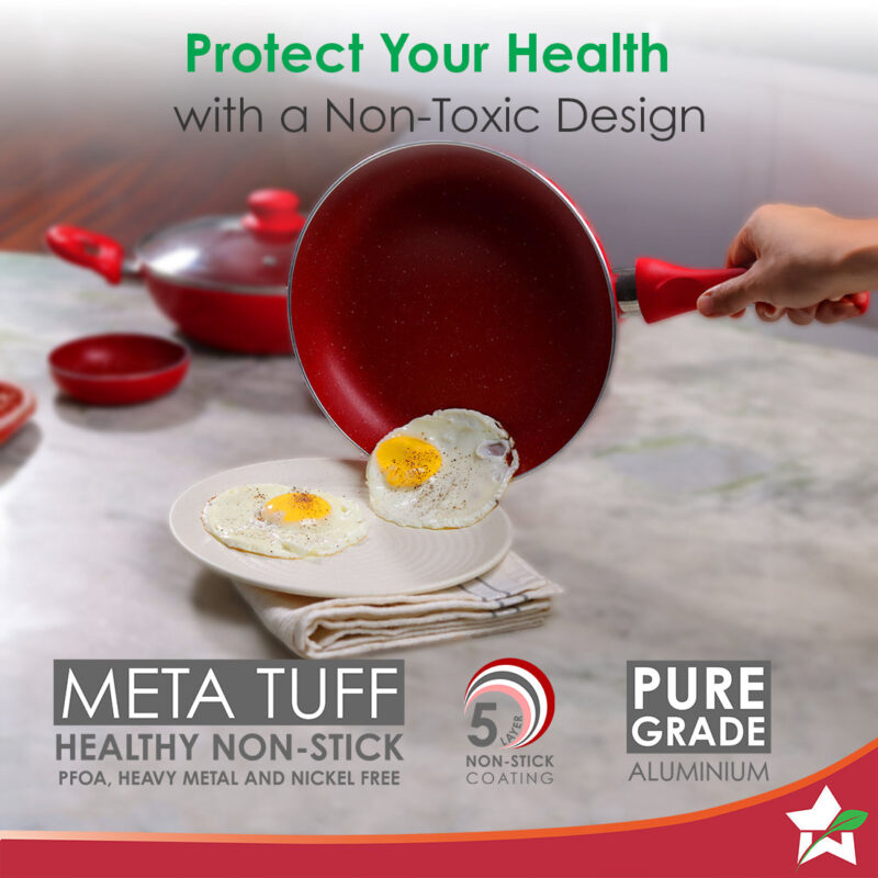 Royal Velvet Non-stick Cookware Set, 4Pc (Fry Pan with Lid, Wok, Dosa Tawa), Induction Bottom, Soft-touch Handles, Virgin Grade Aluminium, PFOA/Heavy Metals Free, 3mm, 2 Years Warranty, Red - Image 2