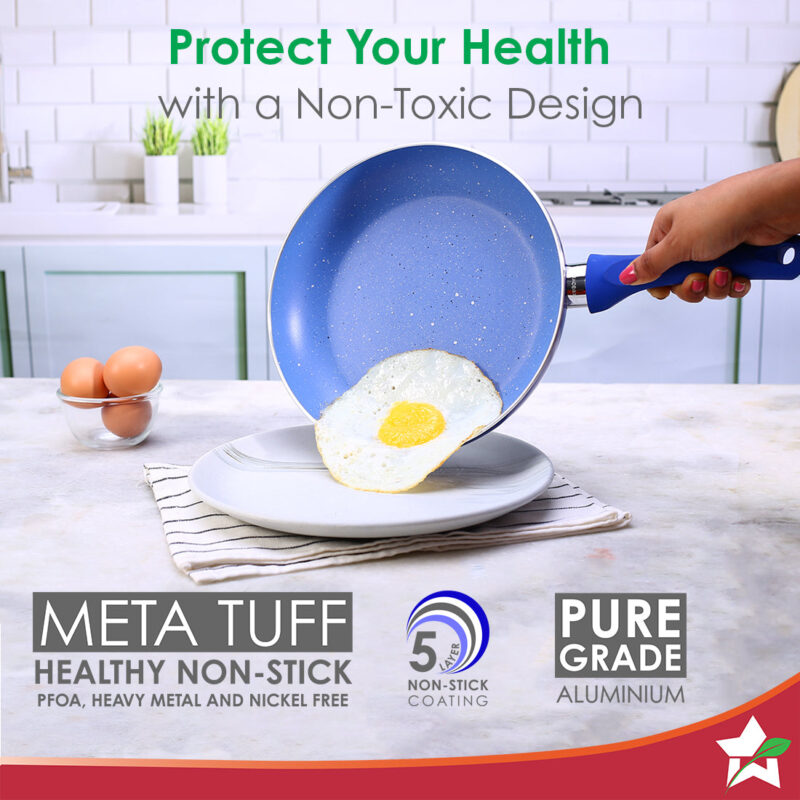 Royal Velvet Non-stick Cookware Set, 4Pc (Fry Pan with Lid, Wok, Dosa Tawa) Induction Bottom, Soft-touch Handles, Virgin Grade Aluminium, PFOA/Heavy Metals Free, 3mm, 2 Years Warranty, Blue - Image 2