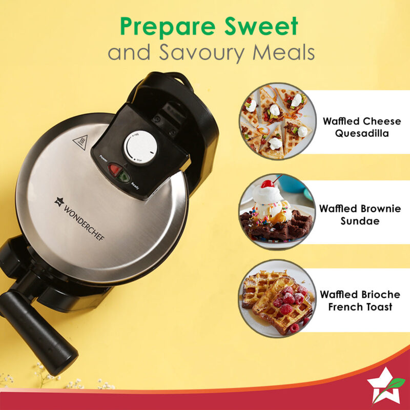 1000 Watt Belgian Waffle Maker | Non-stick Plates| Adjustable Temperature Control | Stainless Steel Body | 180 Degree Rotating Function For Uniform Baking | 1 Year Warranty | Steel & Black - Image 3