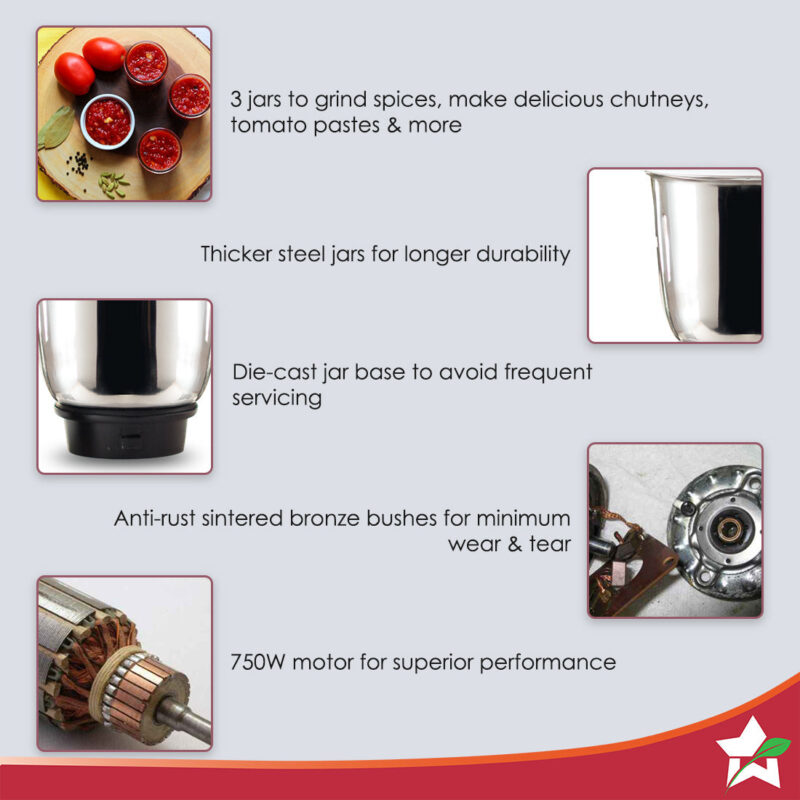 Wonderchef Renewed Premium Mixer Grinder | 750W | 3 Thick Steel Jars | Die-cast Jar Base | Velvet - Image 3