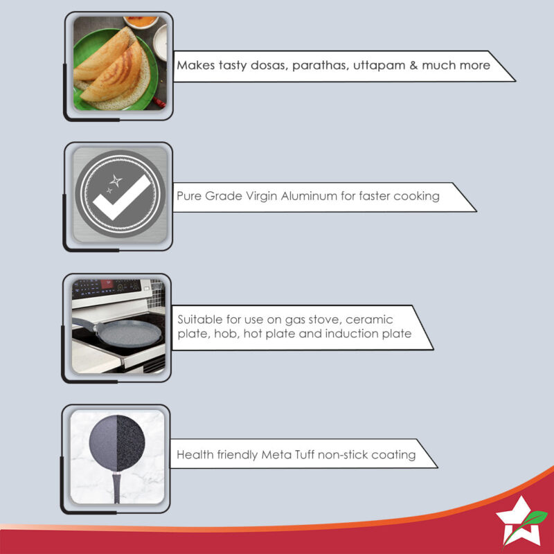 Wonderchef Renewed Granite 26cm Non-Stick Dosa Tawa | Induction Bottom | Soft-Touch Handles | Virgin Grade Aluminium | 3.5mm Thick | PFOA/Heavy Metals Free - Image 3