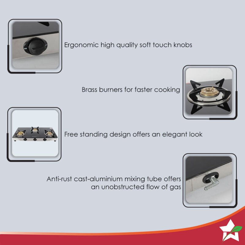 Energy 3 Burner Glass Cooktop, Black 8mm Toughened Glass  with 1 Year Warranty, Soft Touch Knobs, Efficient Brass Burners, Stainless Steel Double Drip Tray - Image 3