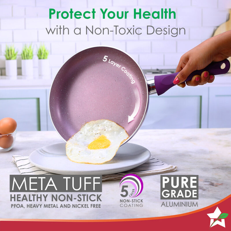 Royal Velvet Non-stick 24cm Fry pan I Induction Ready | Soft-touch handles |Non – Toxic I Virgin Aluminium| 3 mm thick | 1.8 litres | 2 year warranty | Purple - Image 2