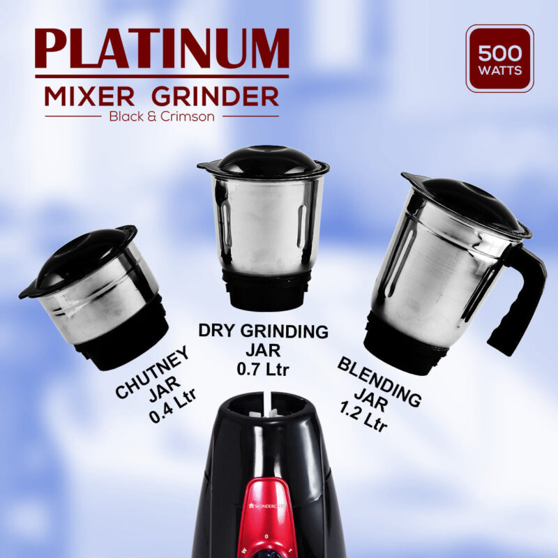 Platinum Mixer Grinder 500W with 3 Stainless Steel Jars And Anti-Rust Stainless Steel Blades, Ergonomic Handles, 5 Years Warranty On Motor,  Black & Crimson - Image 3