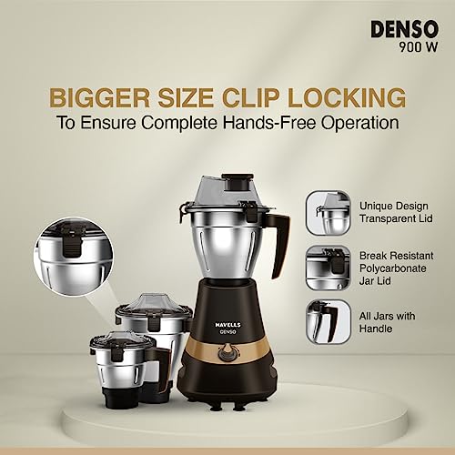 Havells Denso Heavy Duty 900 Watts 3 Jar Mixer Grinder, Ball Bearing Copper Motor, 21000 RPM, Large Size Break Resistant Alluminium Collar Jars with Flow Breaker, 5Years Motor Warranty (Dark Brown) - Image 4