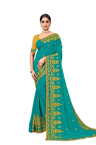 Radhe Radhey Women's New Net Embridered Sari With Unstitched Blouse (Free Size) (Firozi) - Image 2