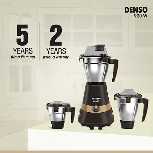 Havells Denso Heavy Duty 900 Watts 3 Jar Mixer Grinder, Ball Bearing Copper Motor, 21000 RPM, Large Size Break Resistant Alluminium Collar Jars with Flow Breaker, 5Years Motor Warranty (Dark Brown) - Image 7