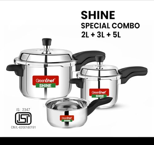 Greenchef Shine Stainless steel pressure cooker combo outer lid(5ltrs+3ltrs+2ltrs pan) - Induction compatible - Image 3