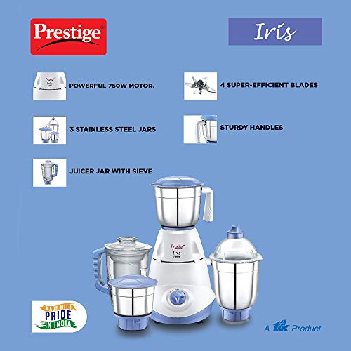 Prestige Iris 750 Watt Mixer Grinder with 3 Stainless Steel Jar + 1 Juicer Jar (White and Blue) - Image 3