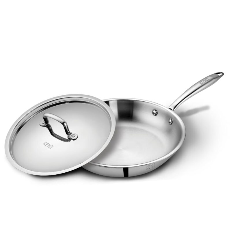 KENT Triply Frying Pan 22 CM with SS Lid 1.2 L | Cool-Touch Diecast Handle | Induction Friendly | Dishwasher Safe (Stainless Steel;Aluminium)