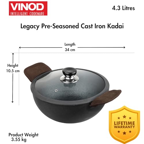 Vinod Legacy Pre-Seasoned Cast Iron Kadai with Lid 4.3 L Capacity (26 cm Diameter) - Induction and Gas Stove Friendly, Black - Image 7
