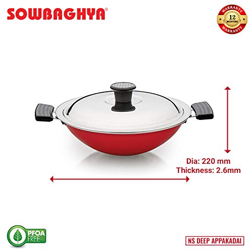 SOWBAGHYA Non Stick Aluminium Deep Appakadai - Red - Appam Maker Non Stick with Lid - Appam Chatty Non Stick - Appachatti - Appam Kadai - Ideal for Indian Cooking (Aluminium, 2.6 mm Thickness) - Image 7