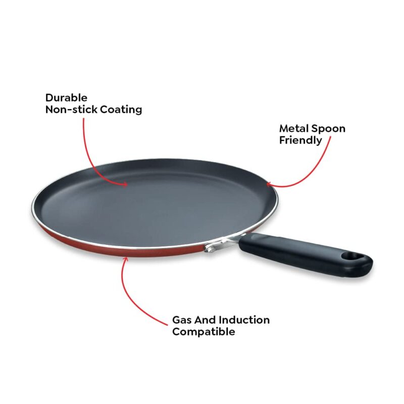 TTK Prestige OMG DLX Omni Induction Base Non-Stick Aluminium Tawa, 280mm, Red - Image 6