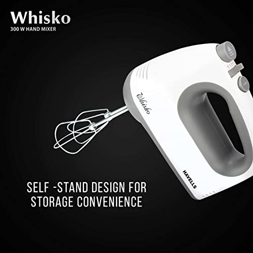 Havells Whisko 300 watt Hand Mixer with Single Eject Button, 5 Speed Turbo Function, Stainless Steel Hooks, 1.5m Long Cord, 1300 RPM & 2 Years Warranty (White Grey) - Image 5