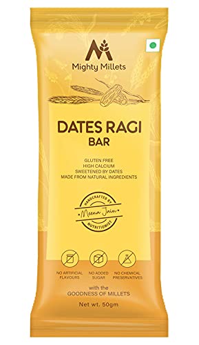 Mighty Millets® Dates Ragi Bars, Dates Ragi Bar for Adult and Kids 50grams Each (Dates Ragi Bar, Vegan and Gluten Free Bars, Jaggery, Flax Seeds, Muskmelon Seeds, etc) | Pack of 10