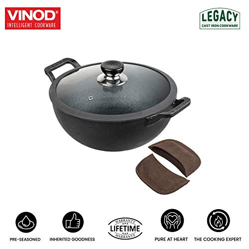 Vinod Legacy Pre-Seasoned Cast Iron Kadai with Lid 4.3 L Capacity (26 cm Diameter) - Induction and Gas Stove Friendly, Black - Image 6
